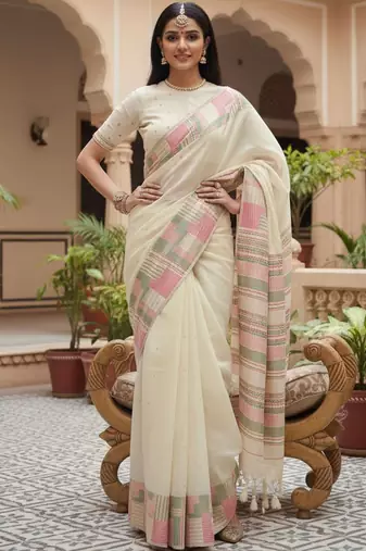 Off white woven design embroidered silk blend handloom banarasi saree