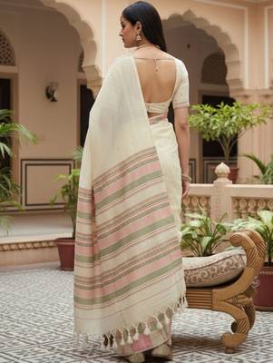 Off white woven design embroidered silk blend handloom banarasi saree 3
