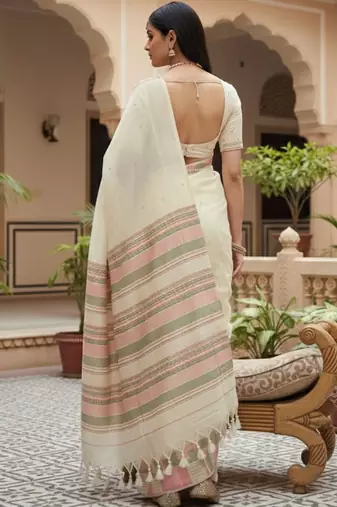Off white woven design embroidered silk blend handloom banarasi saree