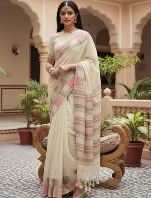 Off white woven design embroidered silk blend handloom banarasi saree 5