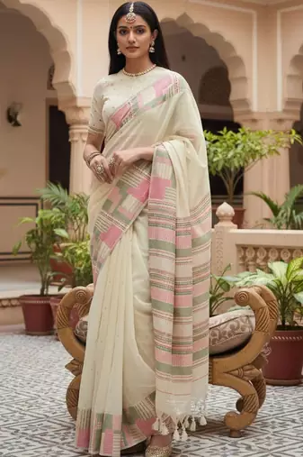 Off white woven design embroidered silk blend handloom banarasi saree