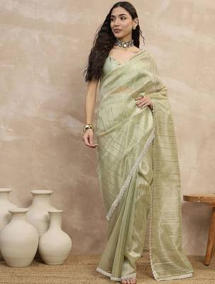 Green striped organza ready to wear saree 1