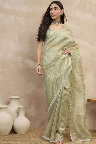 Green striped organza ready to wear saree