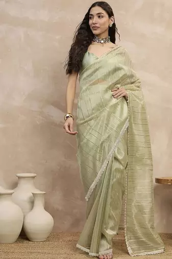 Green striped organza ready to wear saree