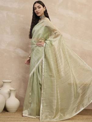 Green striped organza ready to wear saree 2