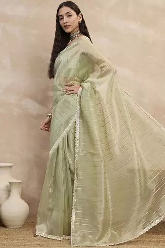 Green striped organza ready to wear saree