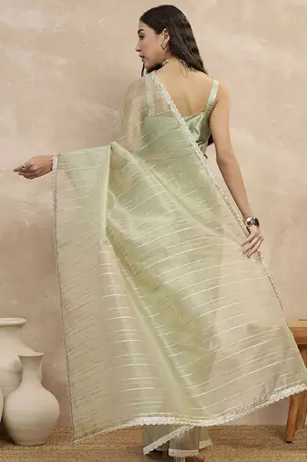Green striped organza ready to wear saree