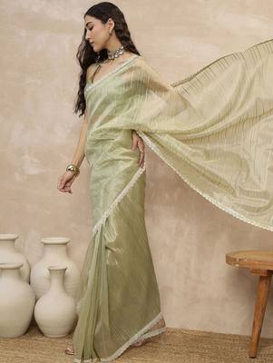 Green striped organza ready to wear saree 4