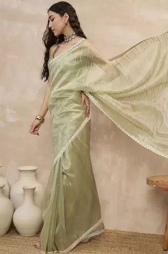 Green striped organza ready to wear saree