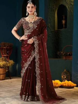 Maroon paisley embroidered satin designer saree 1