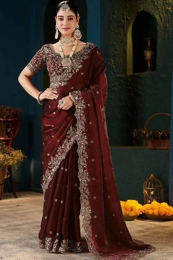 Maroon paisley embroidered satin designer saree