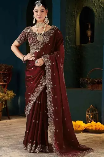 Maroon paisley embroidered satin designer saree