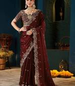 Maroon paisley embroidered satin designer saree