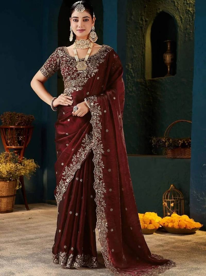 Maroon paisley embroidered satin designer saree