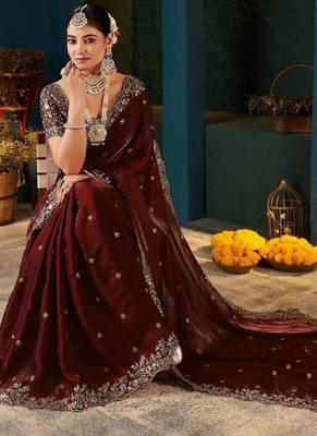 Maroon paisley embroidered satin designer saree 2