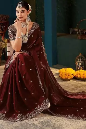 Maroon paisley embroidered satin designer saree