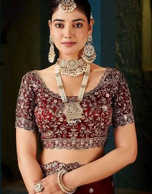 Maroon paisley embroidered satin designer saree 4