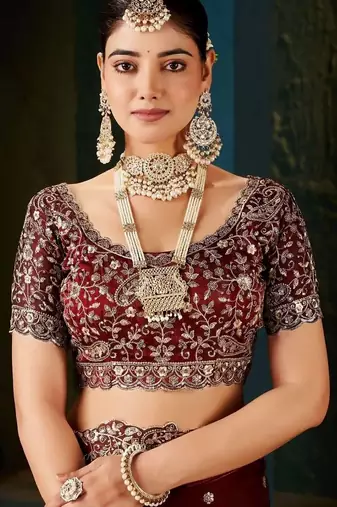 Maroon paisley embroidered satin designer saree