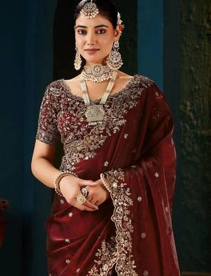 Maroon paisley embroidered satin designer saree 5