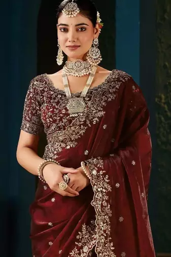 Maroon paisley embroidered satin designer saree