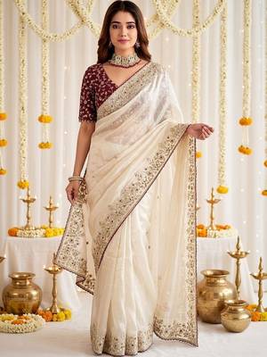 Off white ethnic motifs embroidered satin designer saree 1