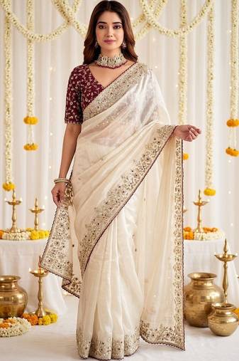 Off white ethnic motifs embroidered satin designer saree