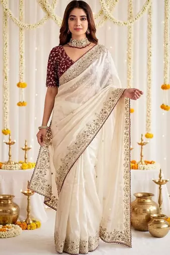 Off white ethnic motifs embroidered satin designer saree