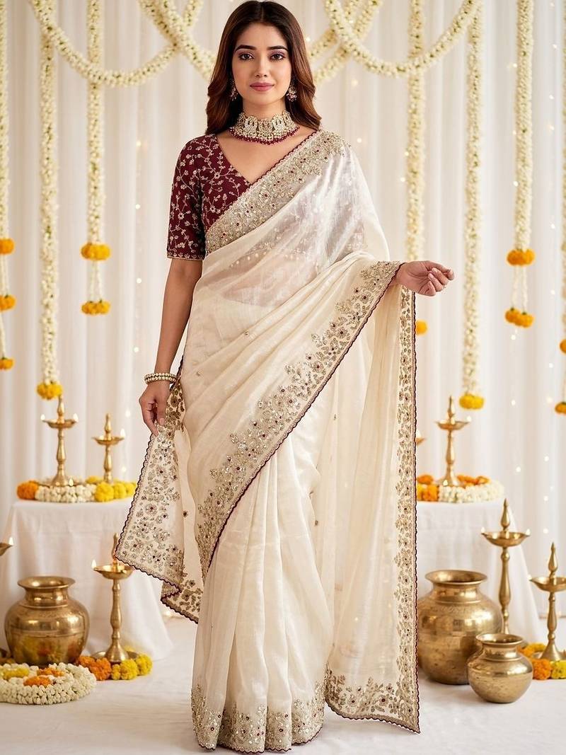 Off white ethnic motifs embroidered satin designer saree