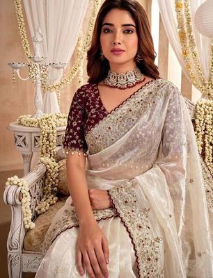 Off white ethnic motifs embroidered satin designer saree 2