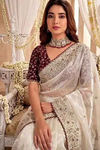Off white ethnic motifs embroidered satin designer saree
