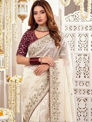 Off white ethnic motifs embroidered satin designer saree 3