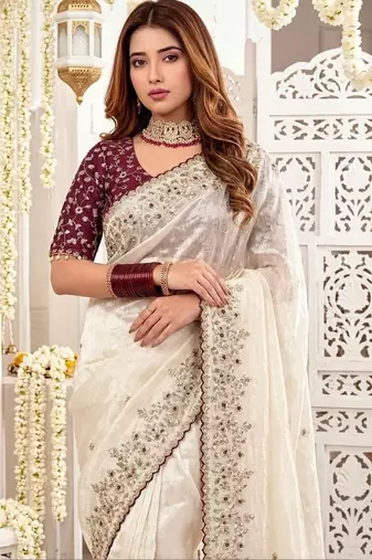 Off white ethnic motifs embroidered satin designer saree