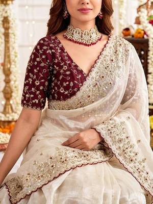 Off white ethnic motifs embroidered satin designer saree 4
