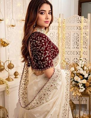 Off white ethnic motifs embroidered satin designer saree 5