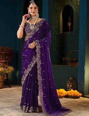 Purple paisley embroidered satin designer saree 1