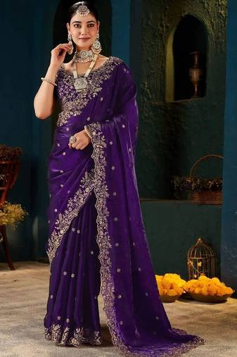 Purple paisley embroidered satin designer saree