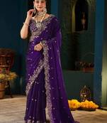 Purple paisley embroidered satin designer saree