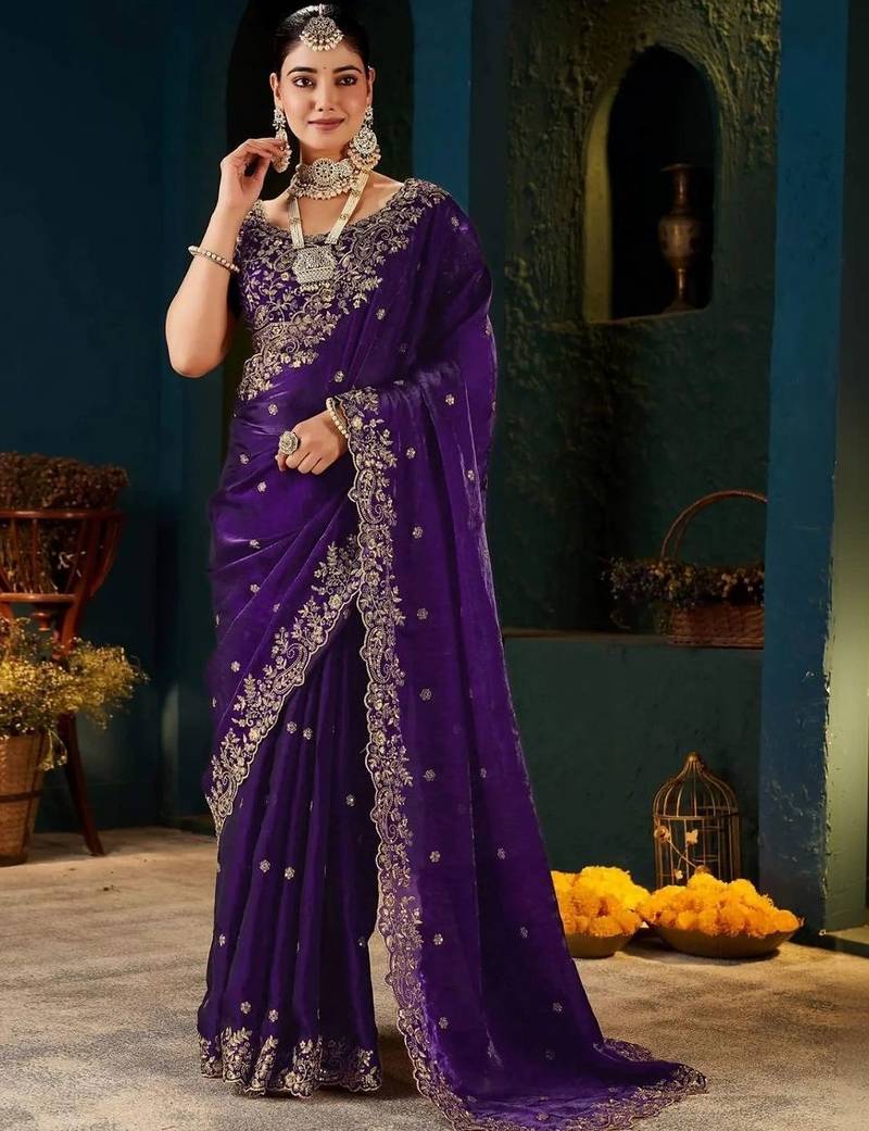 Purple paisley embroidered satin designer saree