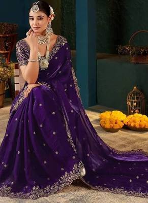 Purple paisley embroidered satin designer saree 2
