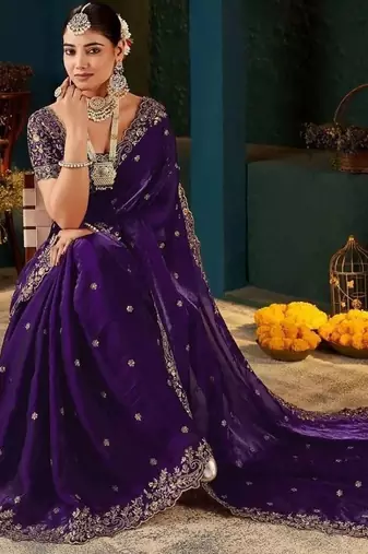 Purple paisley embroidered satin designer saree