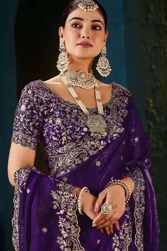 Purple paisley embroidered satin designer saree