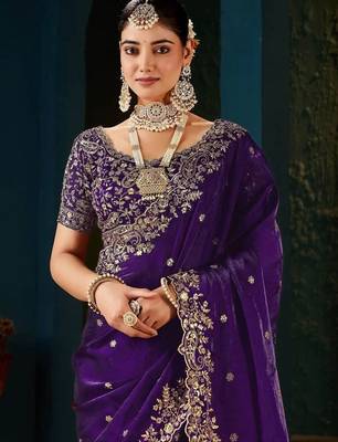 Purple paisley embroidered satin designer saree 4