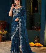 Teal paisley embroidered satin designer saree