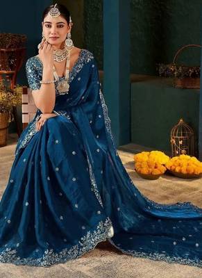Teal paisley embroidered satin designer saree 2