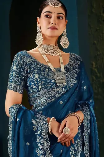 Teal paisley embroidered satin designer saree