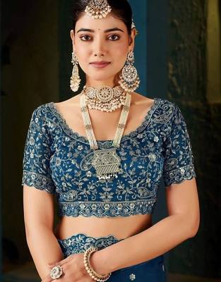 Teal paisley embroidered satin designer saree 4