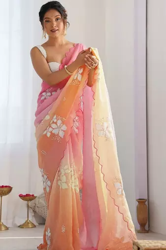 Multicolor floral sequinned silk blend designer saree