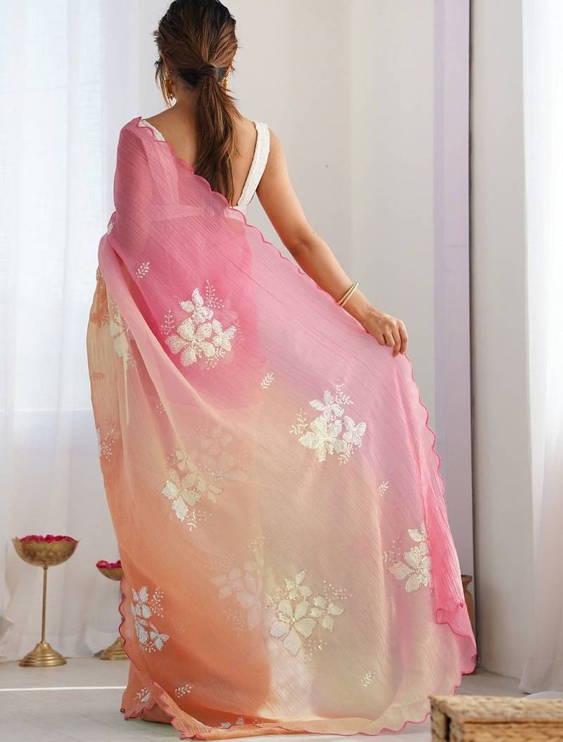 Multicolor floral sequinned silk blend designer saree