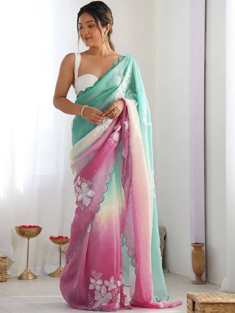 Multicolor floral sequinned silk blend designer saree