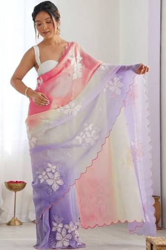 Multicolor floral sequinned silk blend designer saree